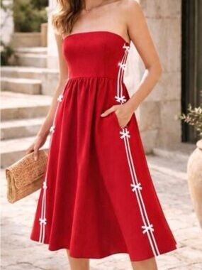 Daily Practice Red Midi Dress with White Side Stripe Detail.